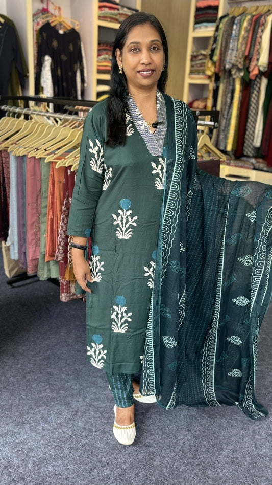 Forest Green Printed Cotton Churidhar Set with Dupatta