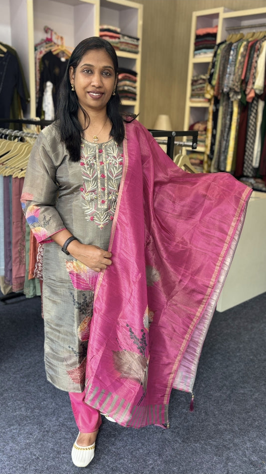 Elegant Grey & Pink Silk Embroidered Churidar Set with Floral Dupatta