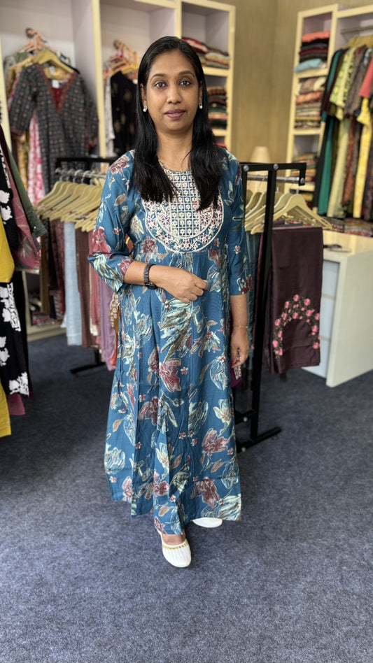 Blue Floral Anarkali Kurti with Embroidered Yoke – Elegant Cotton Blend, 3/4th Sleeves