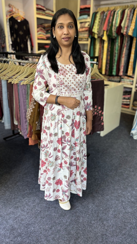 White Floral Anarkali Kurti with Embroidered Yoke – Cotton Blend, Elegant 3/4th Sleeves