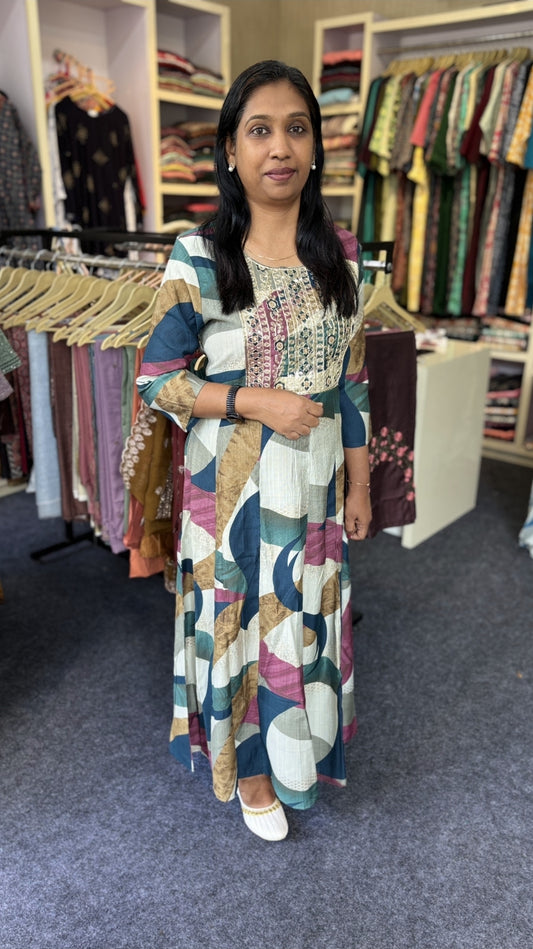 Multicolor Geometric Print Cotton Anarkali Kurti with Embroidered Yoke & 3/4th Sleeves