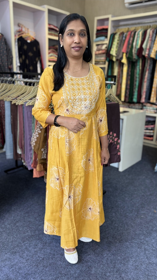 Mustard Yellow Cotton Kurti with Floral Print & Embroidered Yoke
