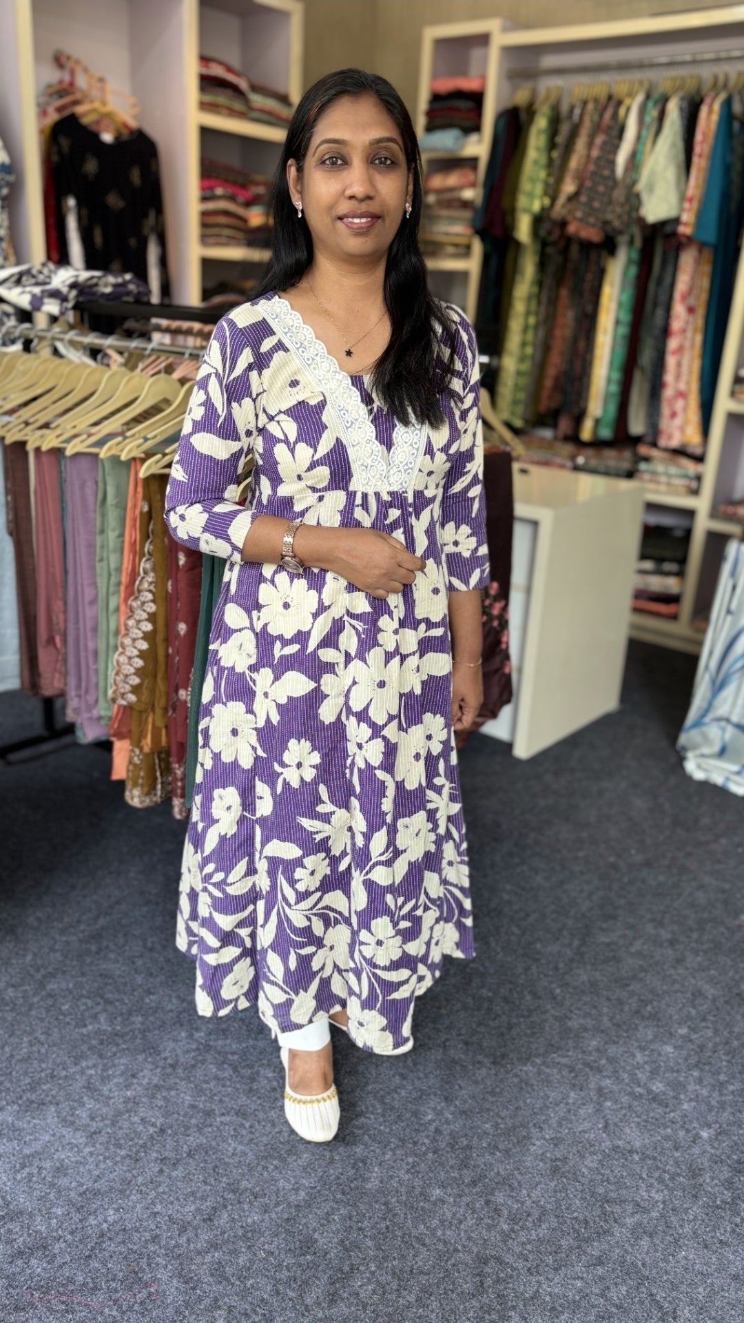 Maanvi Inhouse Jaipur Cotton Gown-Style Kurti | V-Neck Pleated Design | 3/4th Sleeve | Restocked