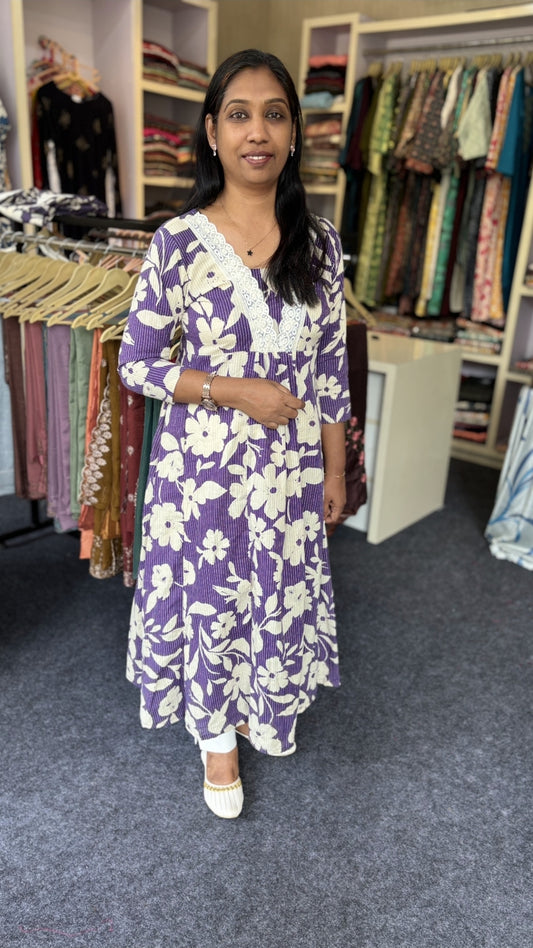 Maanvi Inhouse Jaipur Cotton Gown-Style Kurti | V-Neck Pleated Design | 3/4th Sleeve | Restocked