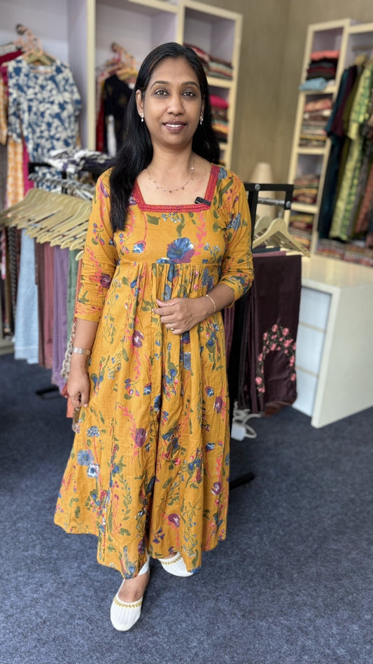 In-House Mustard Yellow Floral Cotton A-Line Kurti | Maanvi Boutique