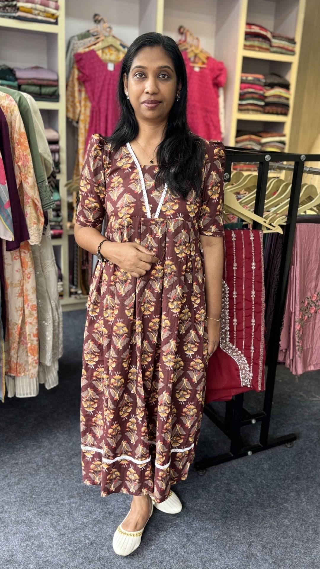 Maanvi In-House Box Pleats Cotton Frock – Dark Brown with Yellow Prints.