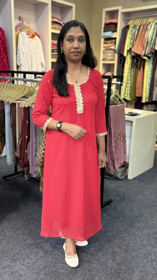 Red Georgette A-Line Kurti with Elegant Neck & Sleeve Work | Maanvi In-House Exclusive