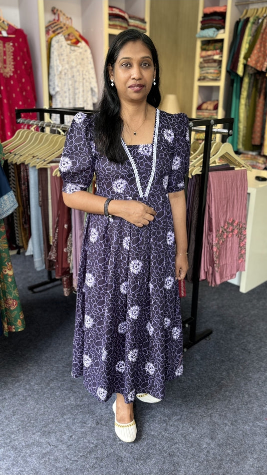 Maanvi In-House Box Pleats Cotton Frock – V-Neck with Lays Work & Puff Sleeves