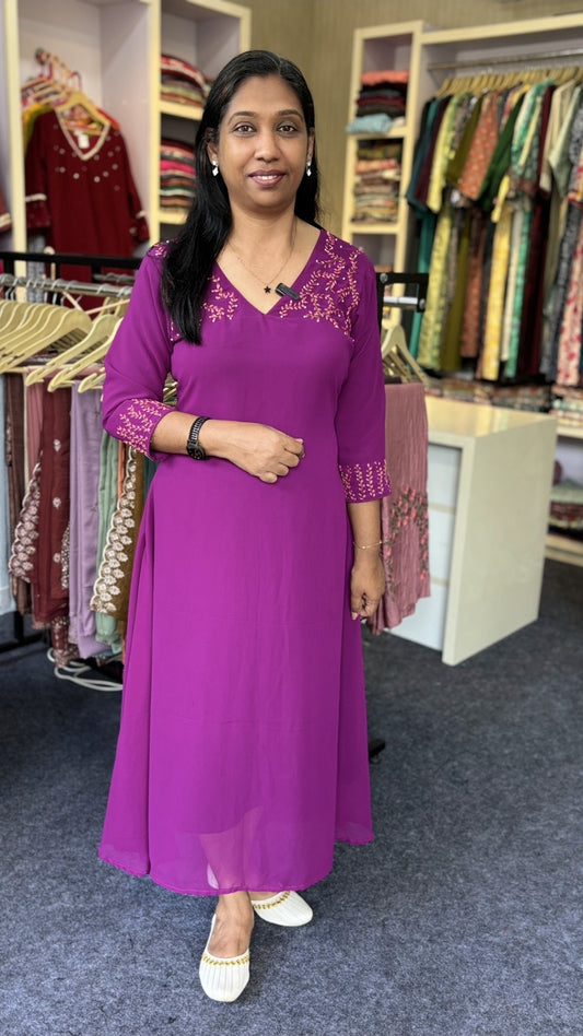 Dark Grape Wine Hand-Embroidered Kurti | Maanvi In-House Exclusive