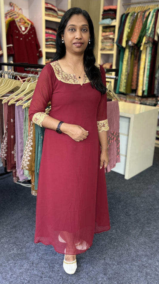 Dark Maroon Georgette A-Line Kurti with Golden Lace Work | Semi Boat Neck Design
