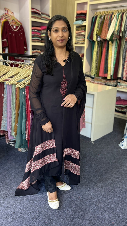 Black Georgette Slit Churidar Set with Hand Embroidery & Dupatta | Maanvi In-House Exclusive