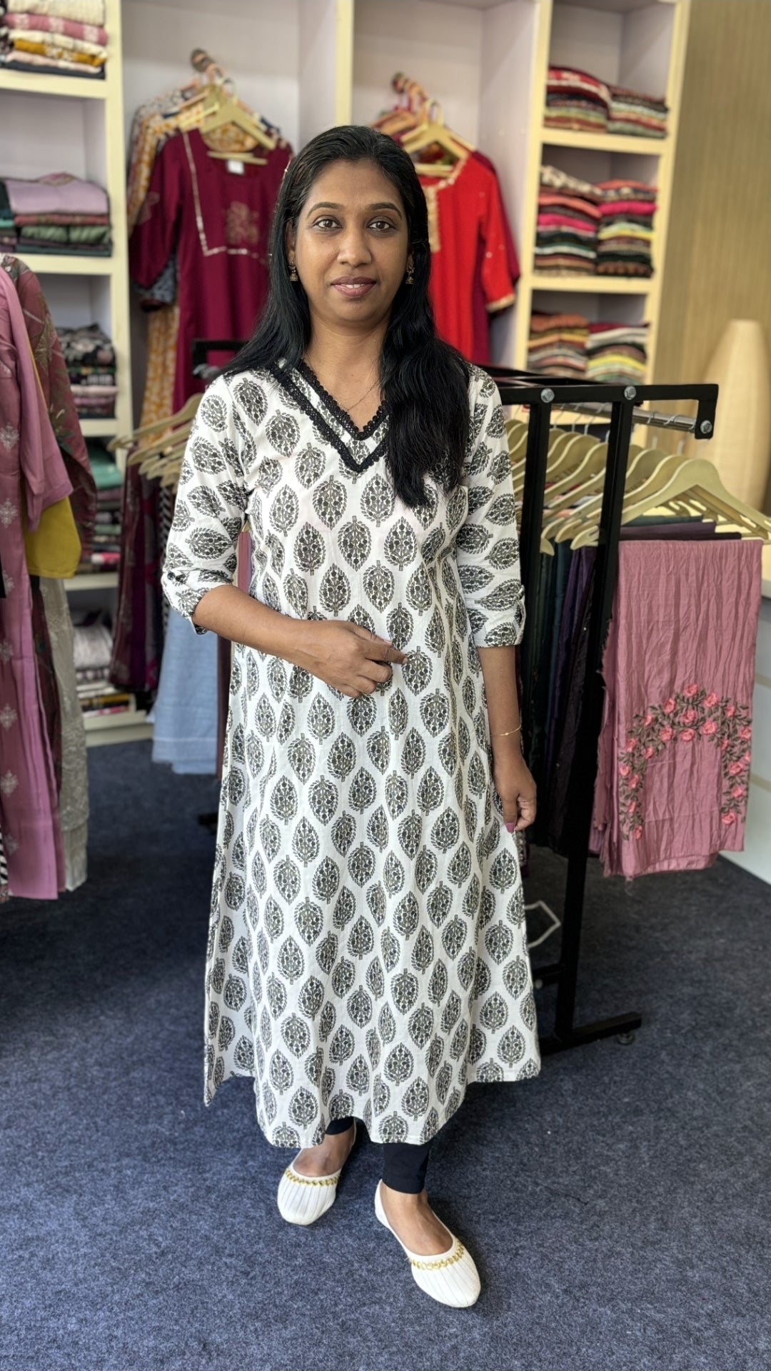 Jaipur Cotton A-Line Kurti with Customised Lace Neck Work | Pure Cotton Office Wear for Women