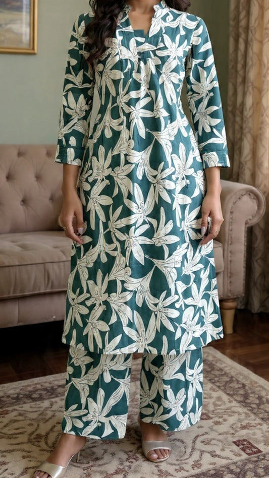 Teal Floral A-Line slitted Coordset  – Soft, Breathable Fabric | Elegant Everyday Wear