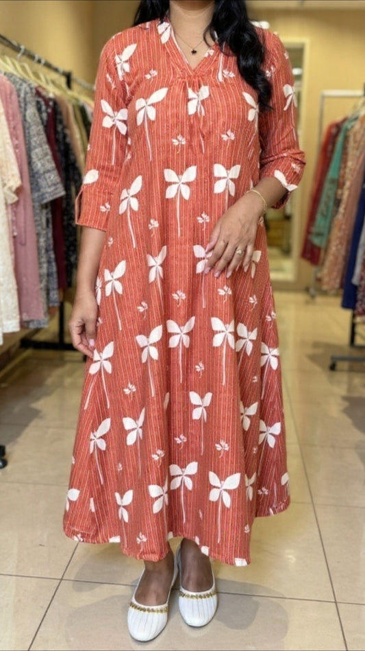 Maanvi Brick A-Line Kurti with Big Prints & Collar Neck | Stylish Daily Wear Kurti for Women