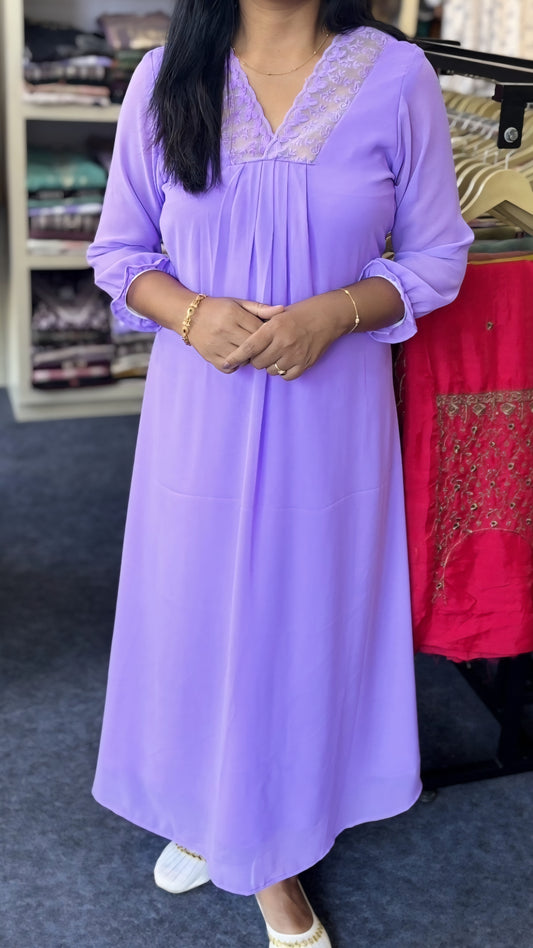 Maanvi In House Lilac A-Line Kurti | Fox Georgette | Lace Neck Work | Balloon Sleeves | Elegant Gathers