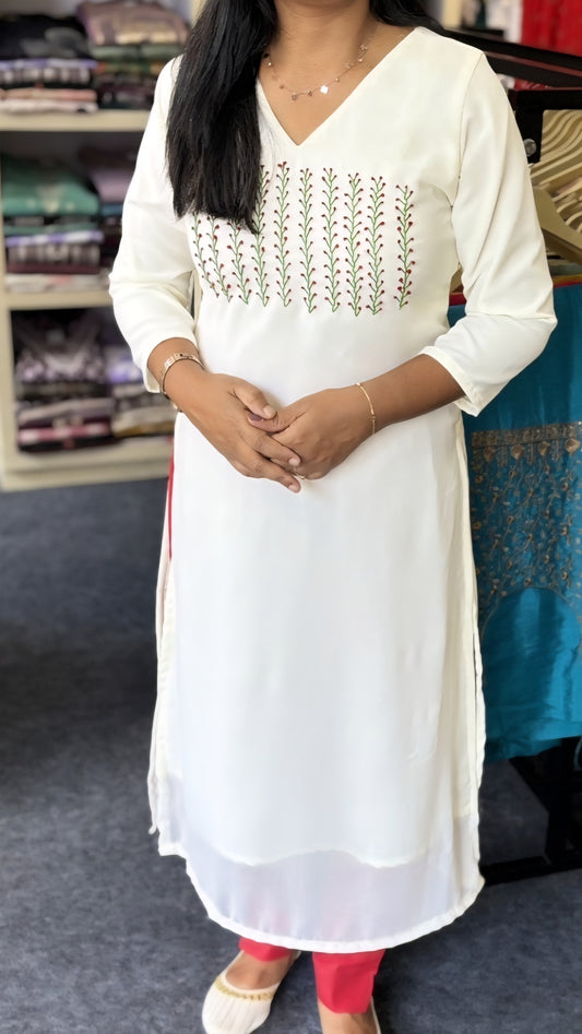 Off-White Slitted Kurti with Heavy Handwork | Feather & French Knot Detailing | Maanvi In House