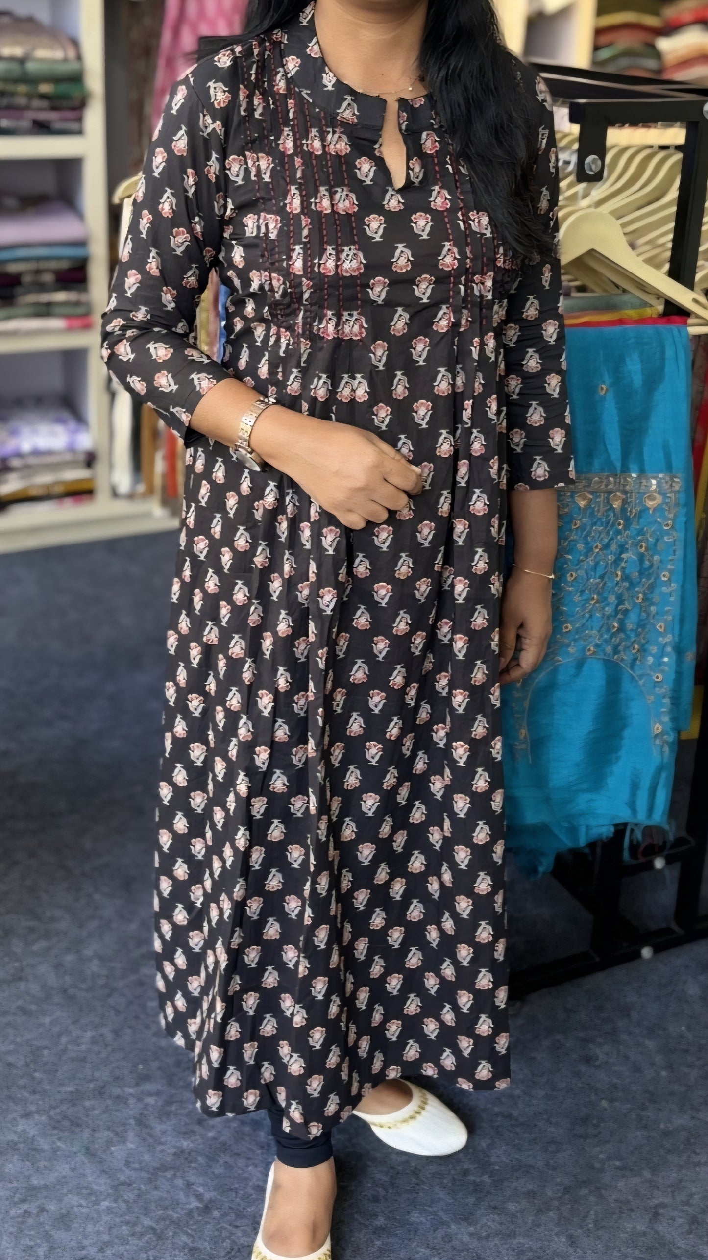 Maanvi In House Pure Cotton Black A-Line Anarkali Kurti | Pitex & Kandha Work.