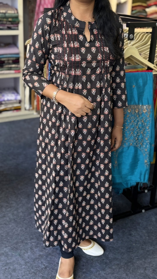 Maanvi In House Pure Cotton Black A-Line Anarkali Kurti | Pitex & Kandha Work.