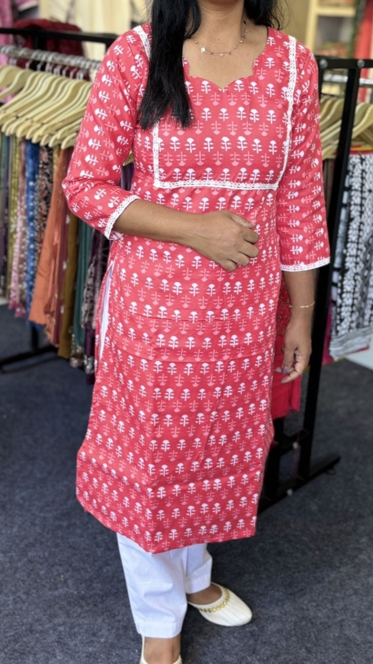 Maanvi In House Coral-Red PC Cotton Kurti with Lace Yoke & White Prints