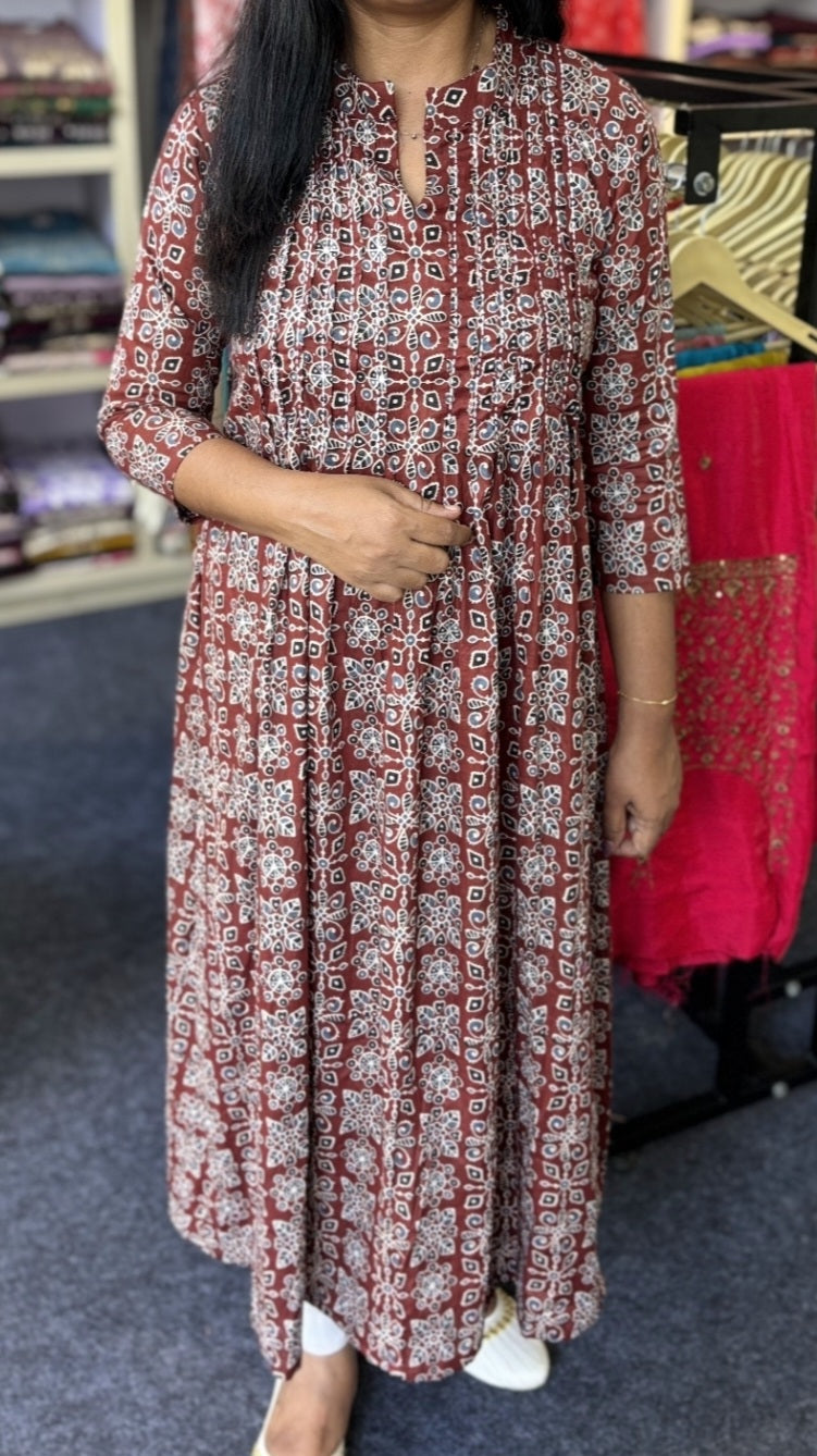 Maanvi In House Coffee Brown Pure Cotton A-Line Anarkali pintuck Kurti with Kantha Neck Work