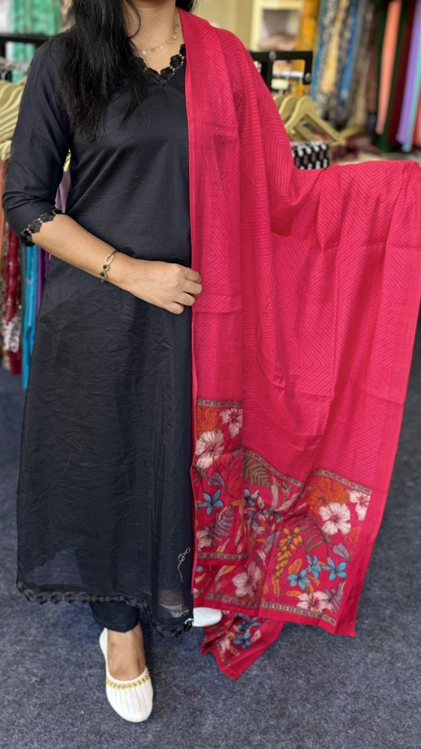 Black Mal Chanderi A-Line Churidar Set with Lace Detail & Dark pink Silk Dupatta
