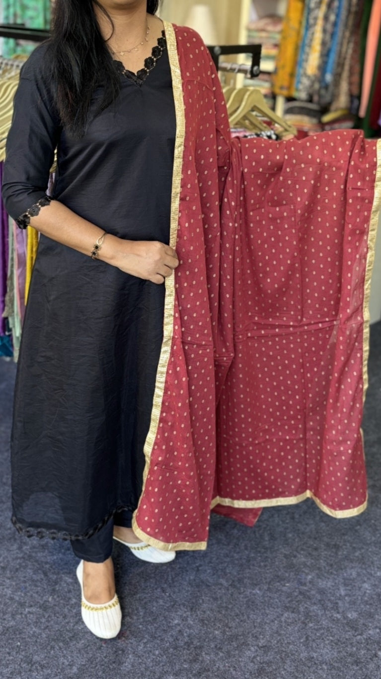 Black Mal Chanderi A-Line Churidar Set with Lace Detail & Bhuta work Silk Dupatta