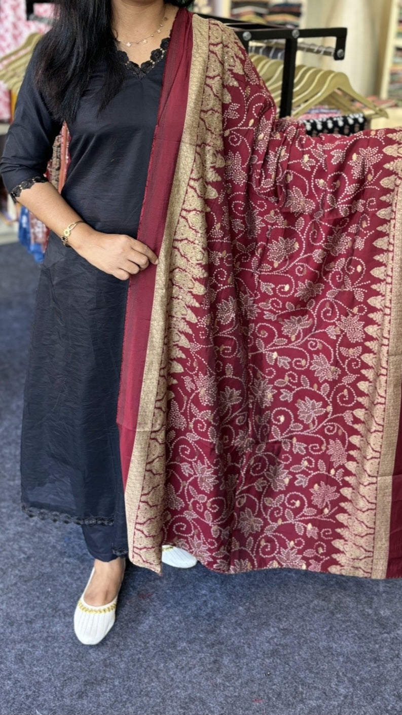 Black Mal Chanderi A-Line Churidar Set with Lace Detail & maroon Printed Silk Dupatta