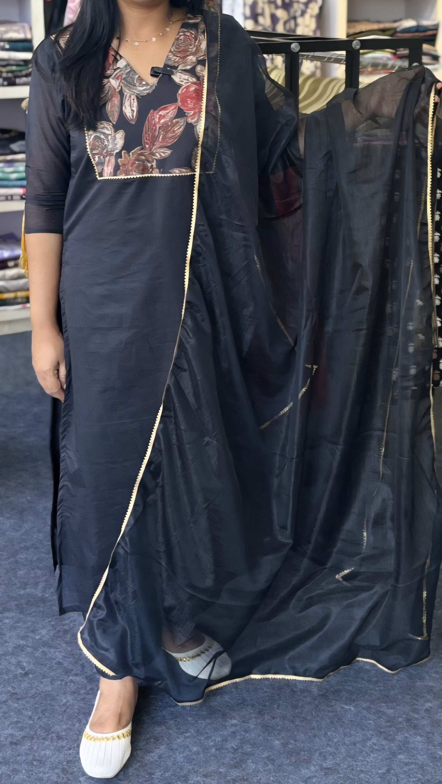 Maanvi In-House Black Chanderi Silk Slitted Churidar Set