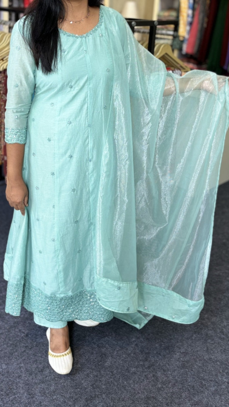Maanvi In-House Greenish Blue Chanderi Silk Panel Cut Set