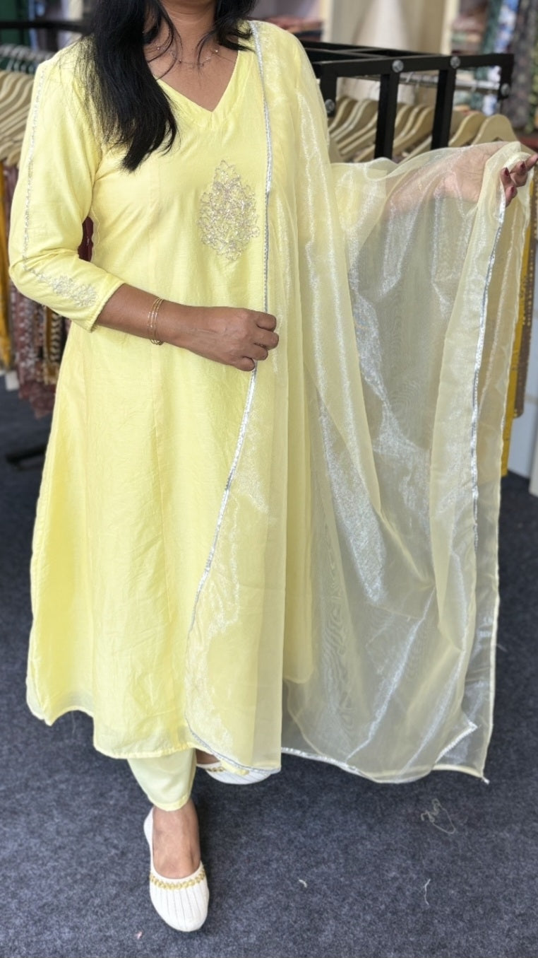 Yellow Mul Chanderi Party Wear Churidar Set with Cut Beads Work & Net Dupatta