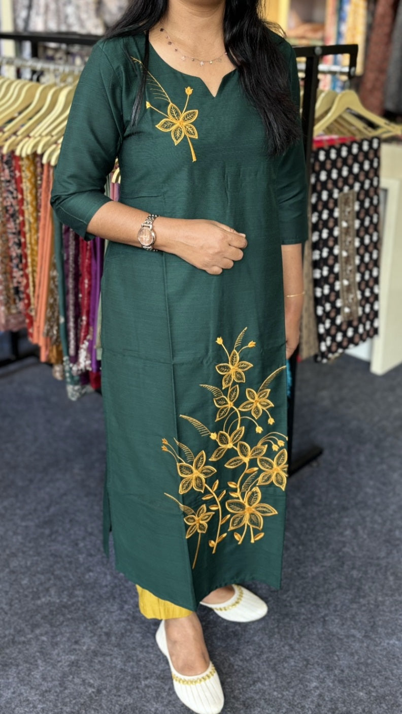 Dark Shade Slub Silk Slitted Kurti Set with Straight Pant | Party & Semi-Party Wear