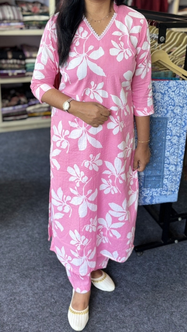 Light Pink Pure Cotton Co-Ord Set with Lace V-Neck & Straight Pants