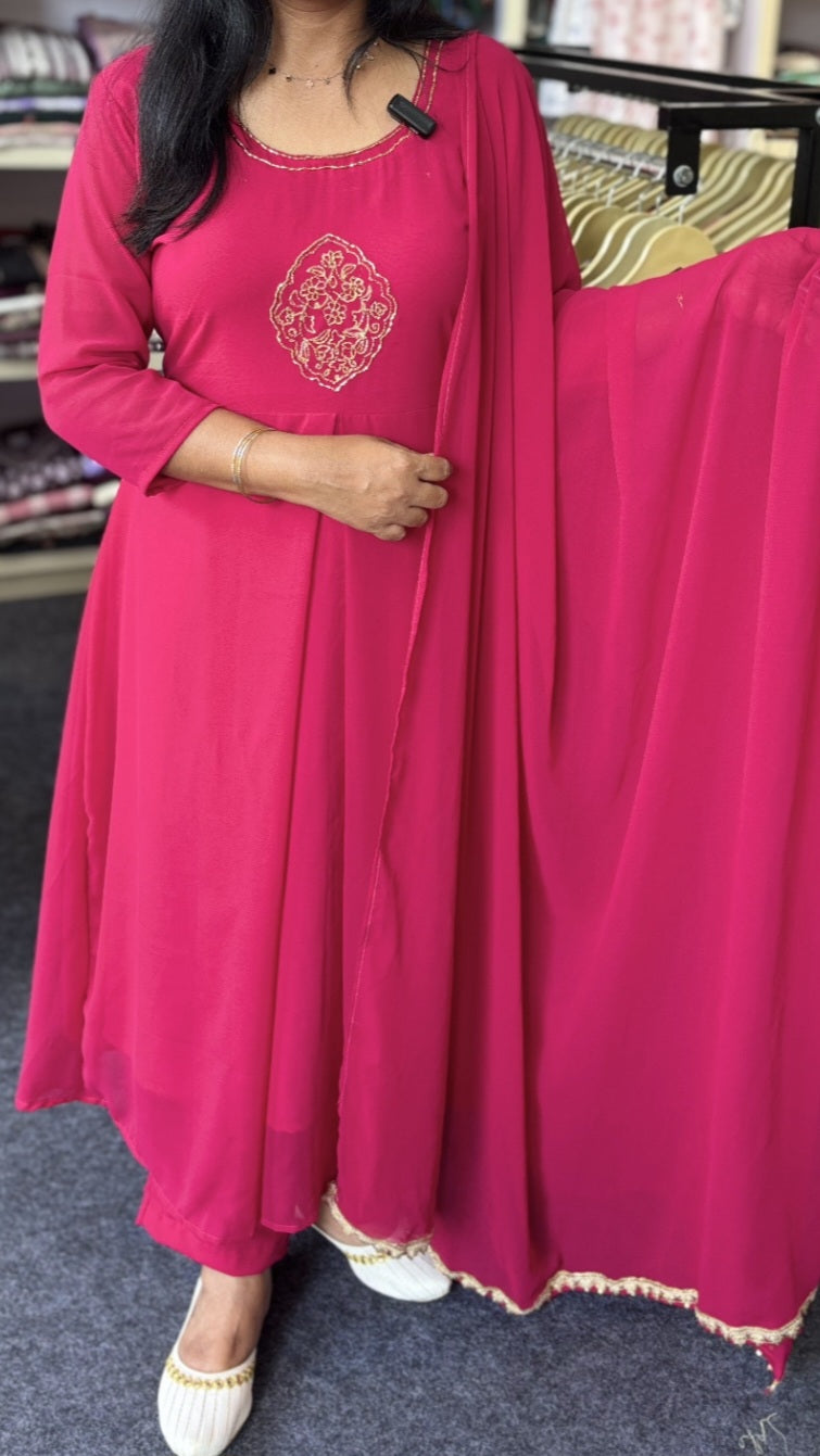 Dark Pink Georgette Party Wear Kurti Set with Cut Beads & Ari Work