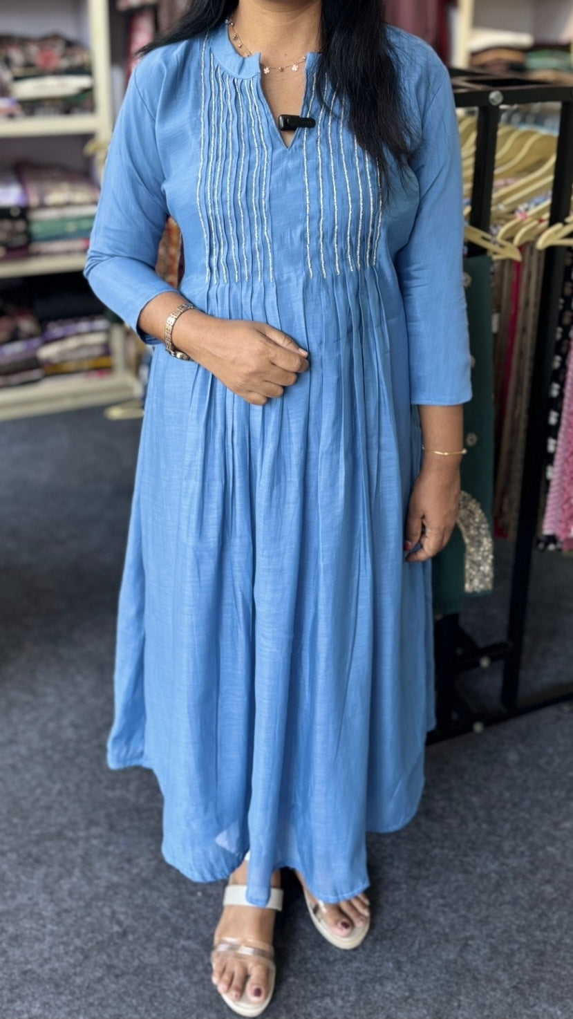 Maanvi In House Light Blue Chanderi A-Line Kurti with Pintuck & Sugar Beads