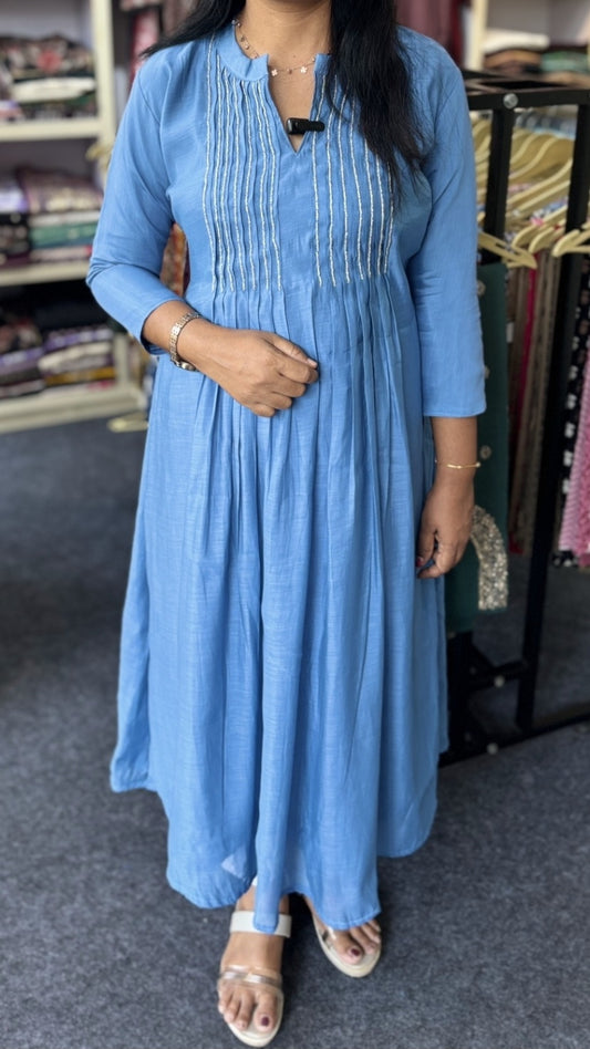 Maanvi In House Light Blue Chanderi A-Line Kurti with Pintuck & Sugar Beads