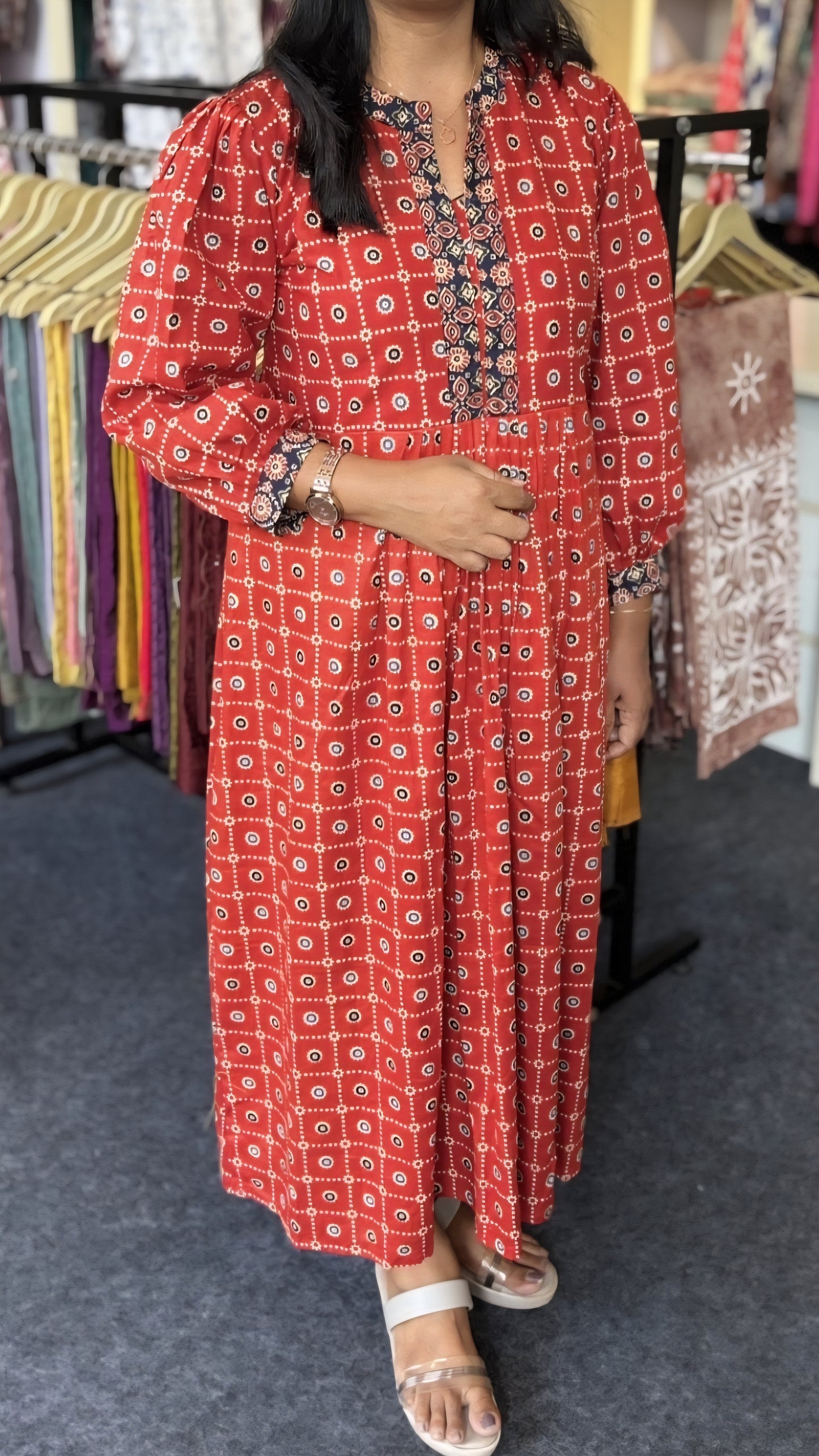 Maanvi In House Cotton Anarkali Kurti – Ajrakh Print Semi Party Wear with Collar Neck & Pleated Sleeves