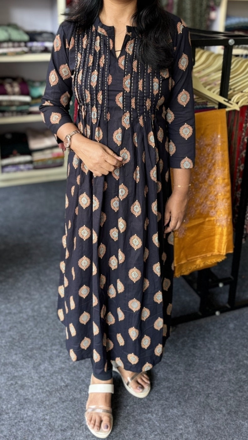 Maanvi In House Pure Cotton Anarkali Ajrakh Print Kurti with Pintex & Kantha Work | Stylish Collar Ethnic Wear for Women