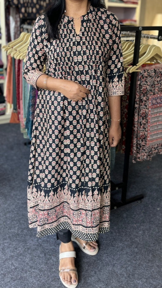 Maanvi In House Black Pintex Anarkali Kurti with Ajrakh Print & Contrast Border | Flared Ethnic Wear for Women