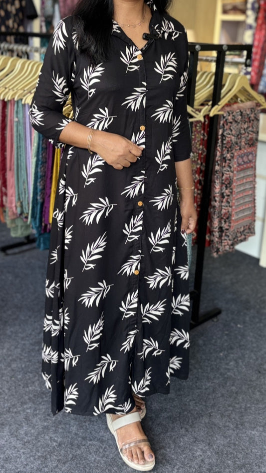 Maanvi In House Rayon A-Line Cord Set with Collar Neck & Button-Down Design | Black & White Printed Co-Ord Set for Women