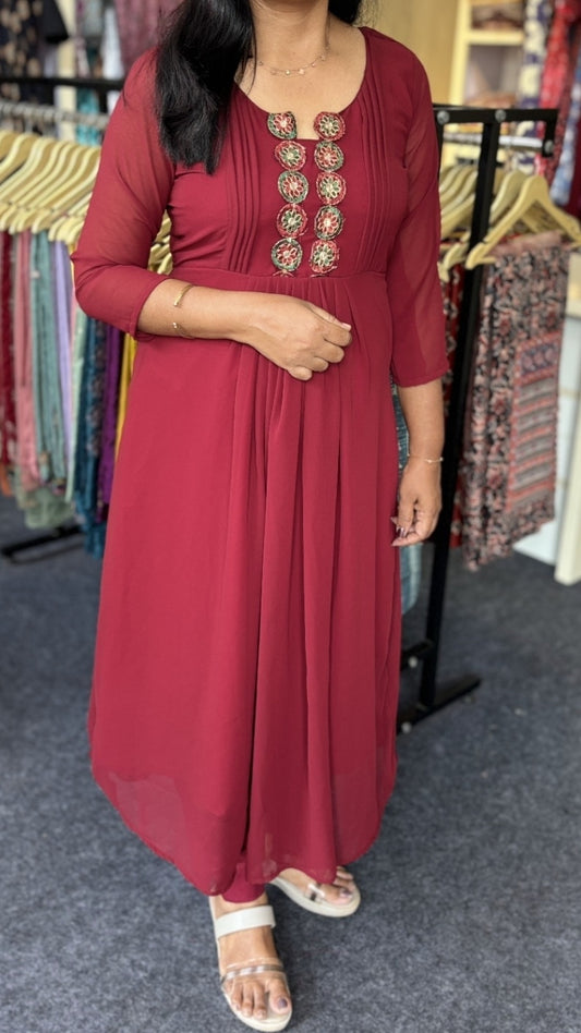 Maanvi In House Fox Georgette Anarkali Kurti with Pintex & Lace Work | Gathered Front | 3/4 Sleeve Ethnic Wear for Women