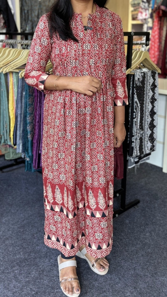 Maanvi In House Pure Cotton Pintex Anarkali Kurti with Elegant Borders & Collar Neck | Flared Ethnic Wear for Women