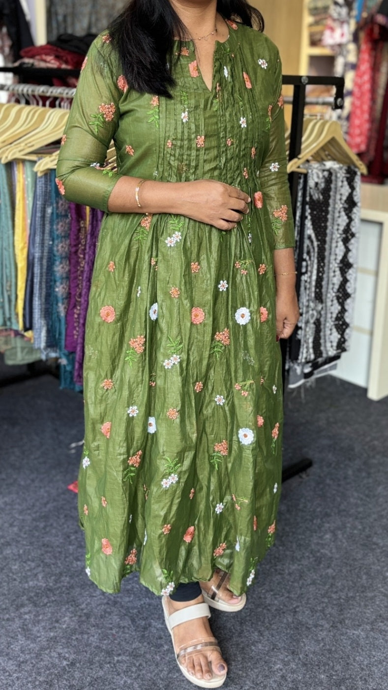 Maanvi In House Mul Chanderi Pintex Anarkali Kurti with All-Over Embroidery | 3/4 Sleeve Elegant Ethnic Wear for Women