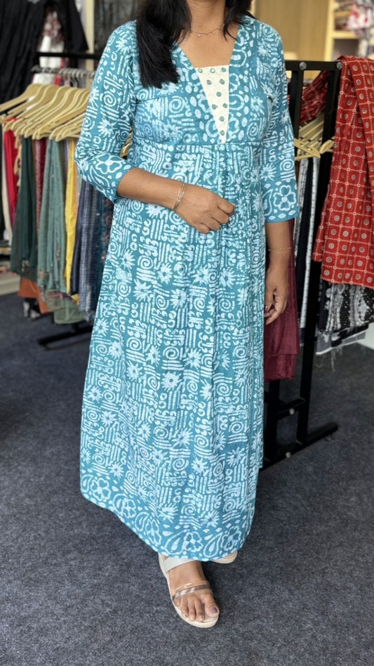 Maanvi Pure Cotton Blue Flared Kurti with Mirror Work | Designer Ethnic Wear for Women