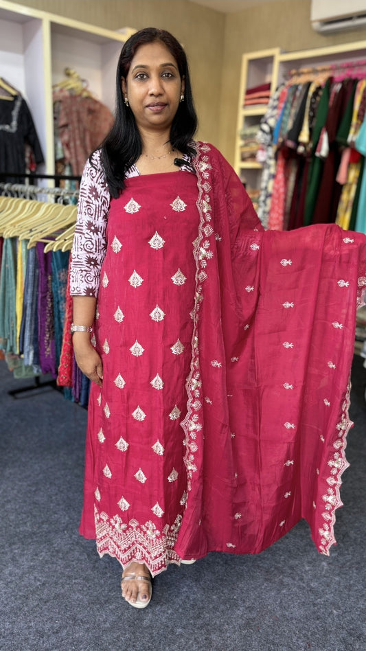 Premium Chanderi Unstitched Salwar Set with Full Thread Work & Scallop Dupatta | Party Wear Ethnic Suit for Women