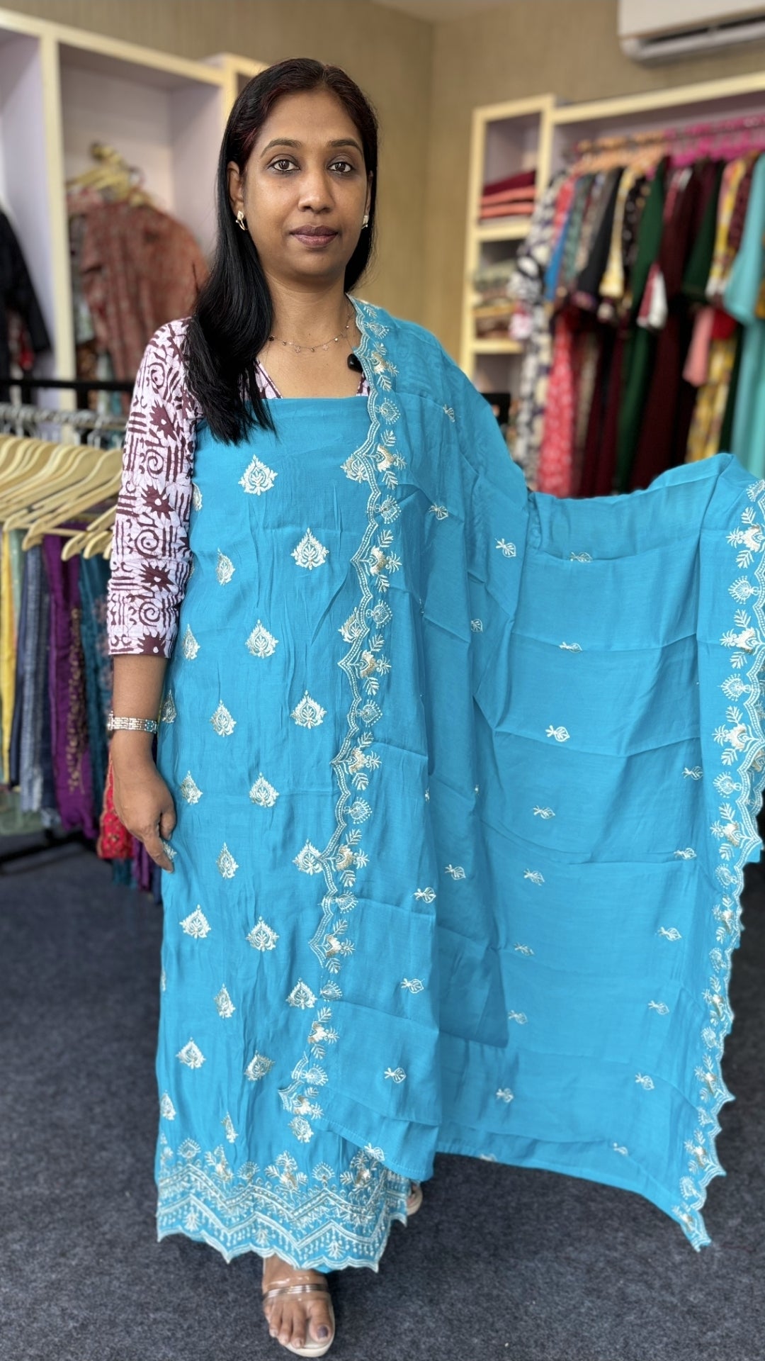 Premium Chanderi Unstitched Salwar Set with Full Thread Work & Scallop Dupatta | Party Wear Ethnic Suit for Women