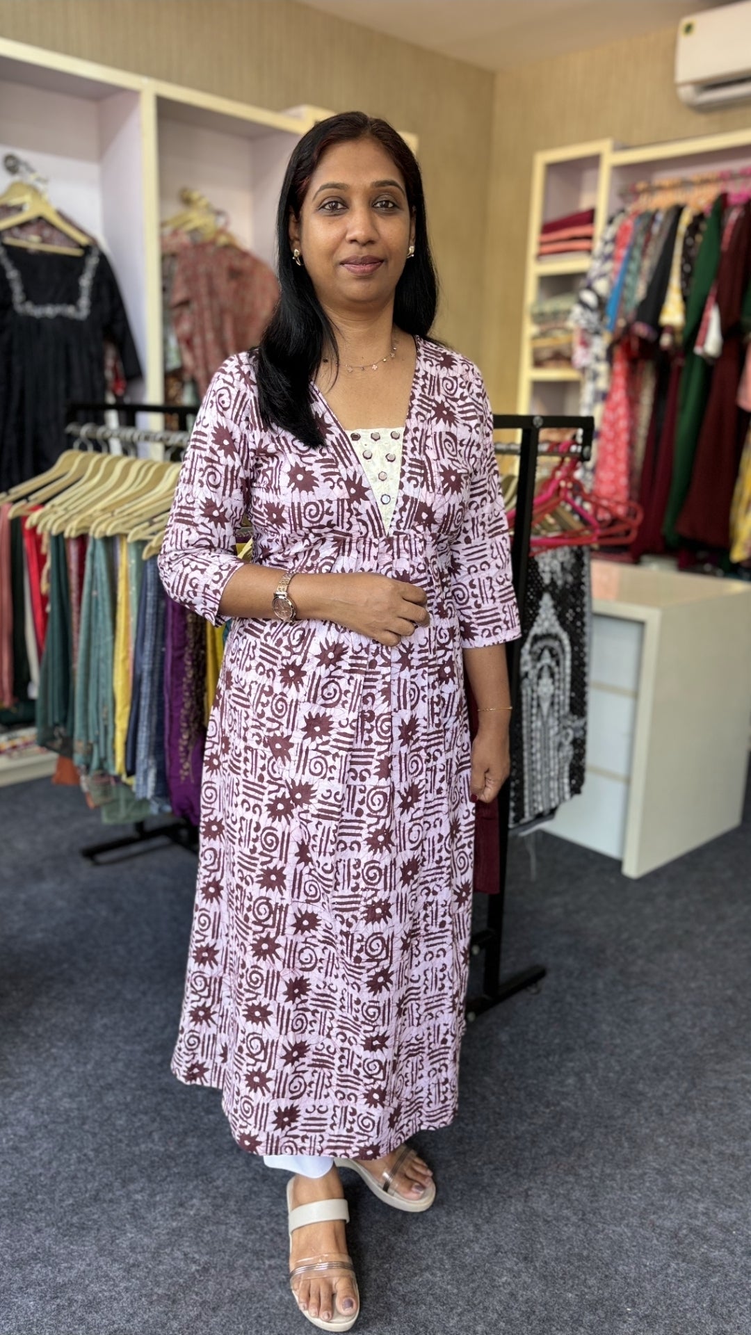 Maanvi Pure Cotton Flared Kurti with V-Neck, Hakoba Centre Panel & Mirror Work | Designer Ethnic Wear for Women