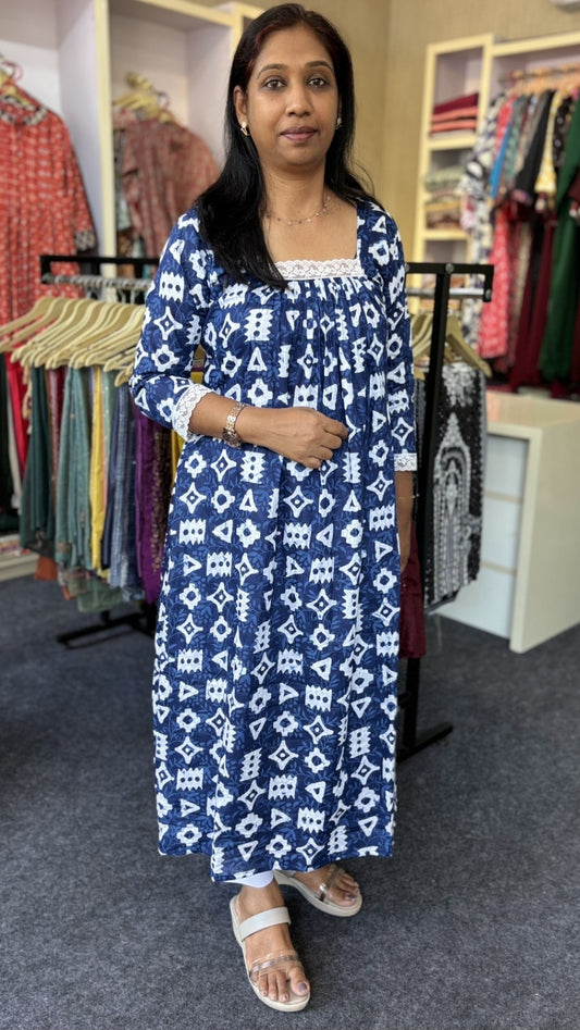 Maanvi Deep Blue Cotton Kurti with Square Neck Lace Work & 3/4 Sleeves | Flared Printed Ethnic Wear for Women