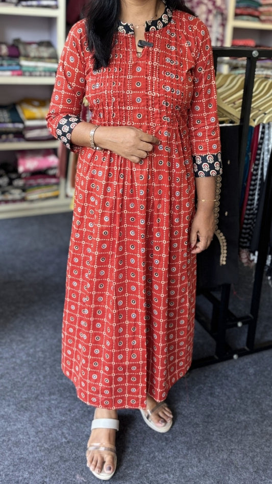 Maanvi Anarkali Kurti with Pintux & Kantha Work | Collar Neck with Ajrakh Print Sleeves | Designer Ethnic Wear for Women