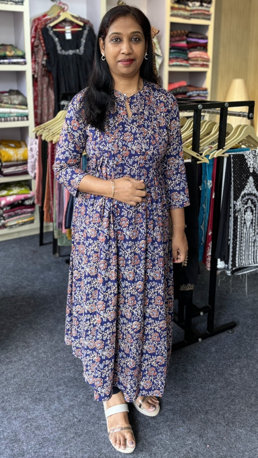 Maanvi Blue Cotton Anarkali Kurti with Pintux Work & Collar Neck | 3/4 Sleeve Printed Ethnic Wear for Women