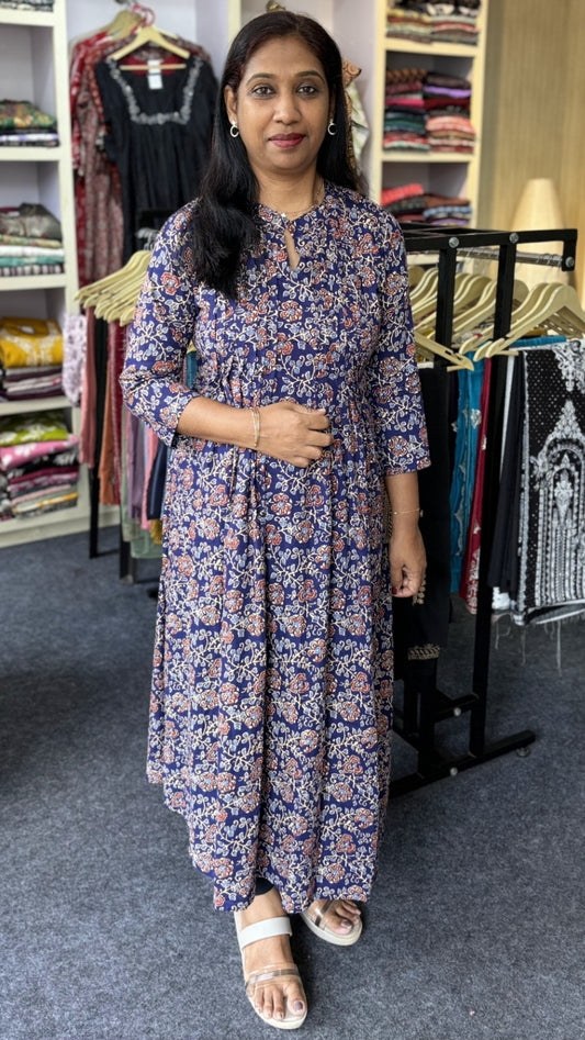 Maanvi Blue Cotton Anarkali Kurti with Pintux Work & Collar Neck | 3/4 Sleeve Printed Ethnic Wear for Women